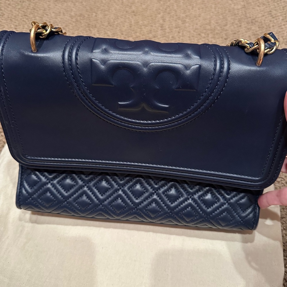 Tory Burch Blue Fleming Shoulder Bag with Gold Hardware